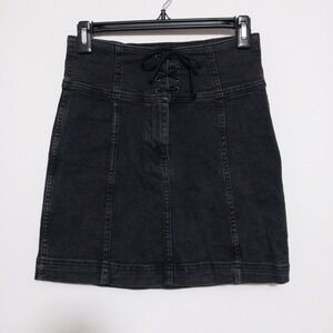 Free‎ People Femme Lace Up Denim Mini Skirt Womens Size 4 Black Cotton Y2K